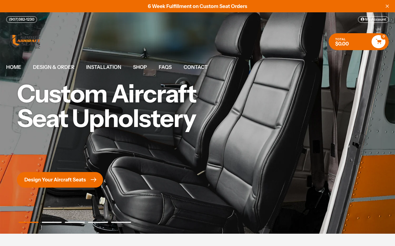 The Sport Aircraft Seats storefront, showing custom aircraft seat upholstery